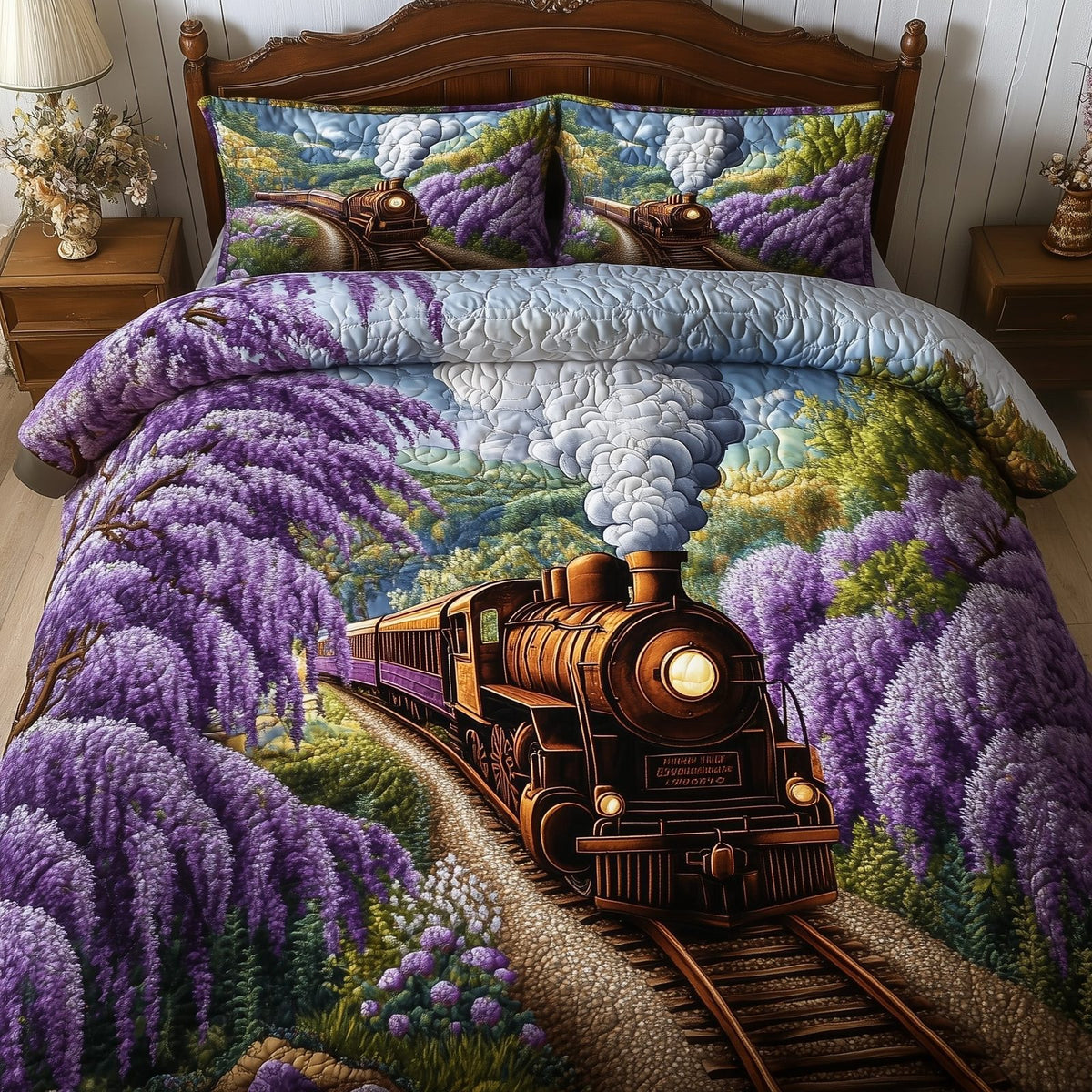 Train Journey quilted 3-piece bedding set on a made bed with two matching pillow shams