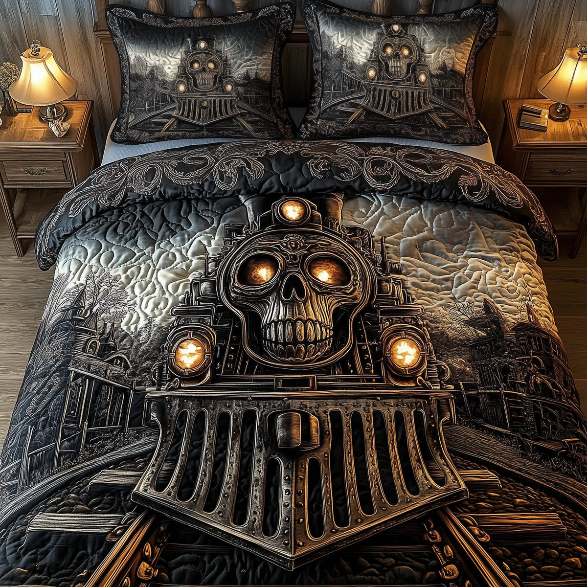 Train to the Skull Land quilted 3-piece bedding set on a made bed against a dark styled interior