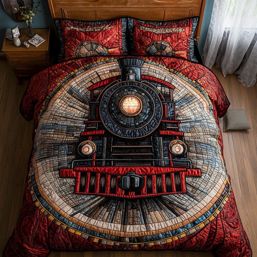 Train Tracks quilted 3-piece bedding set on a made bed with two matching pillow shams