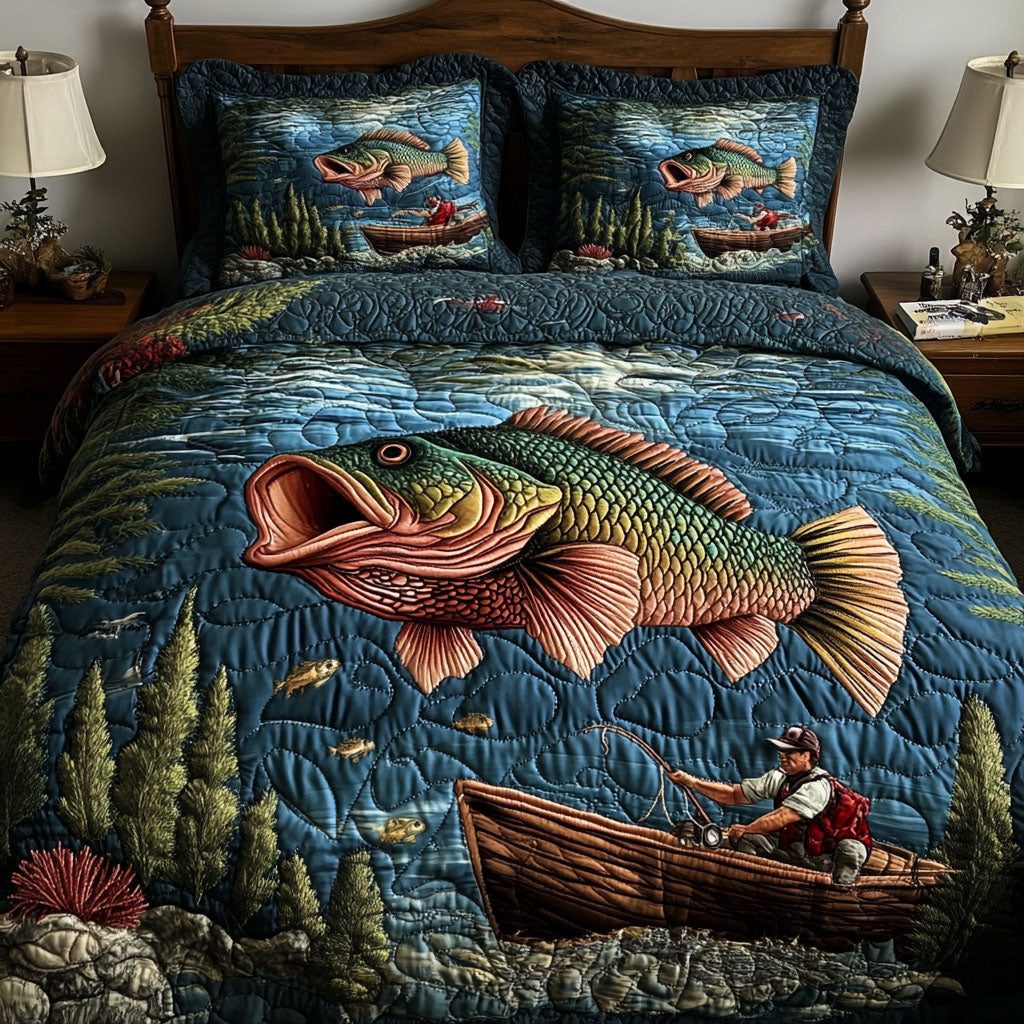 Tranquil Bass quilted 3-piece bedding set on a made bed with two matching pillow shams