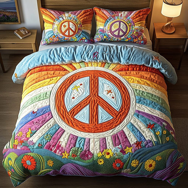 Tranquil Fields quilted 3-piece bedding set on a made bed with two matching pillow shams