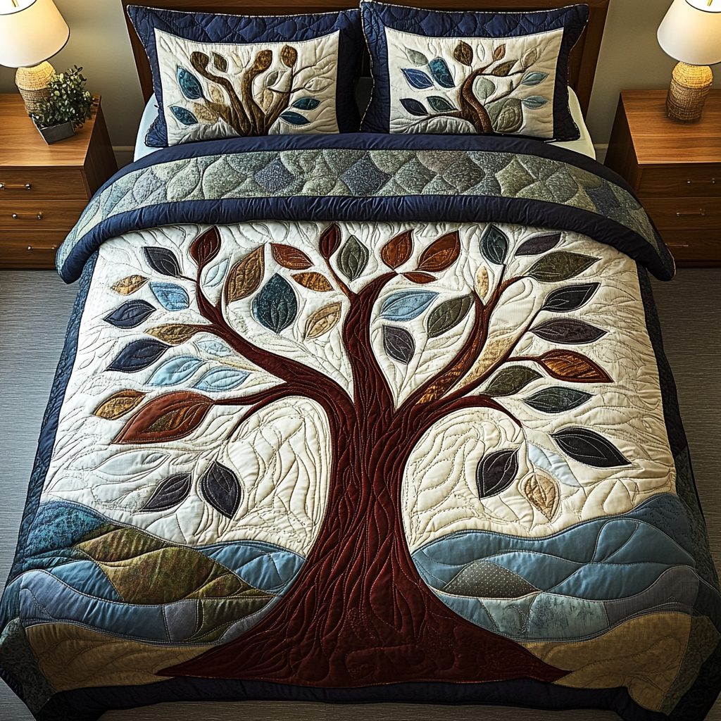 Tranquil Grove quilted 3-piece bedding set on a made bed with two matching pillow shams