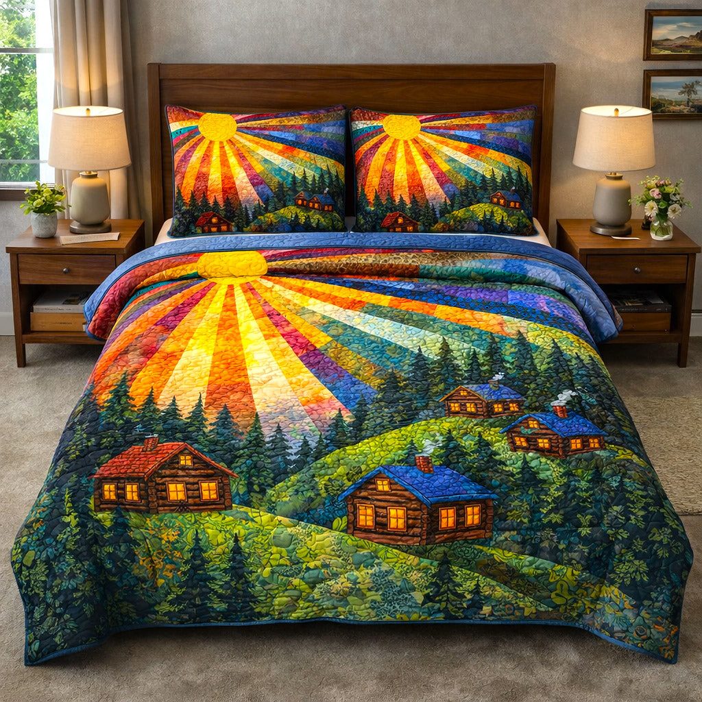 Tranquil Horizon quilted 3-piece bedding set on a made bed with two matching pillow shams