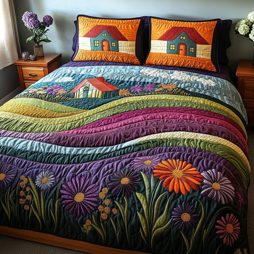 Tranquil Journey quilted 3-piece bedding set on a made bed with two matching pillow shams