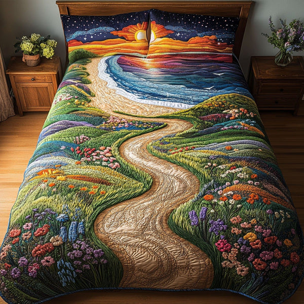 Tranquil Riverway quilted 3-piece bedding set on a made bed with two matching pillow shams