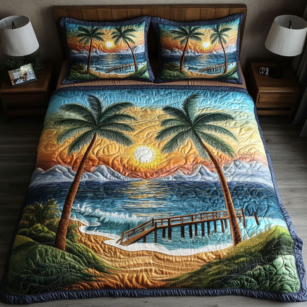 Tranquil Shoreline Retreat quilted 3-piece bedding set on a made bed in a light coastal bedroom