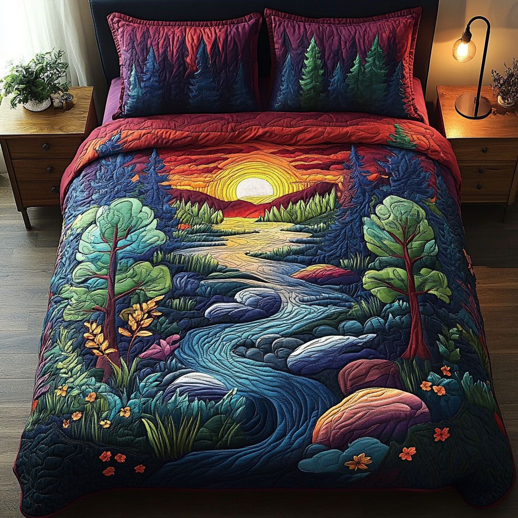 Tranquil Sunrise quilted 3-piece bedding set on a made bed with two matching pillow shams