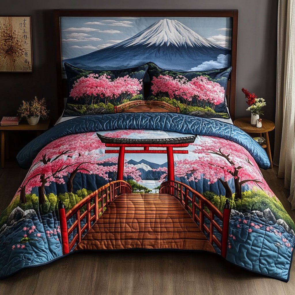 Tranquil Torii quilted 3-piece bedding set on a made bed with two matching pillow shams