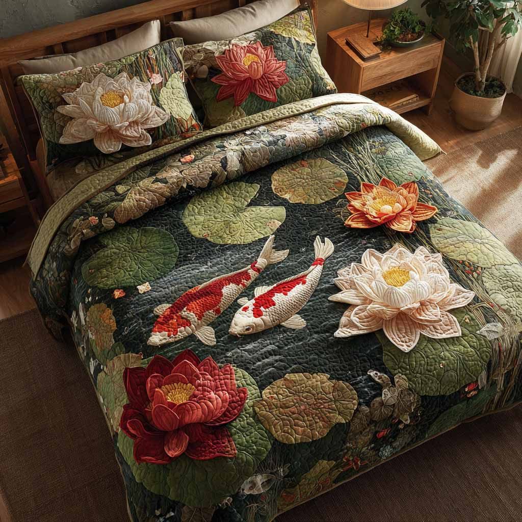 Tranquil Waters quilted 3-piece bedding set on a made bed with two matching pillow shams