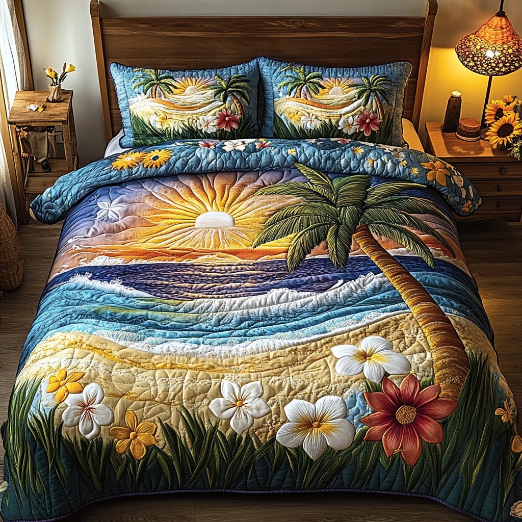 Tranquil Waves quilted 3-piece bedding set on a made bed in a light coastal bedroom