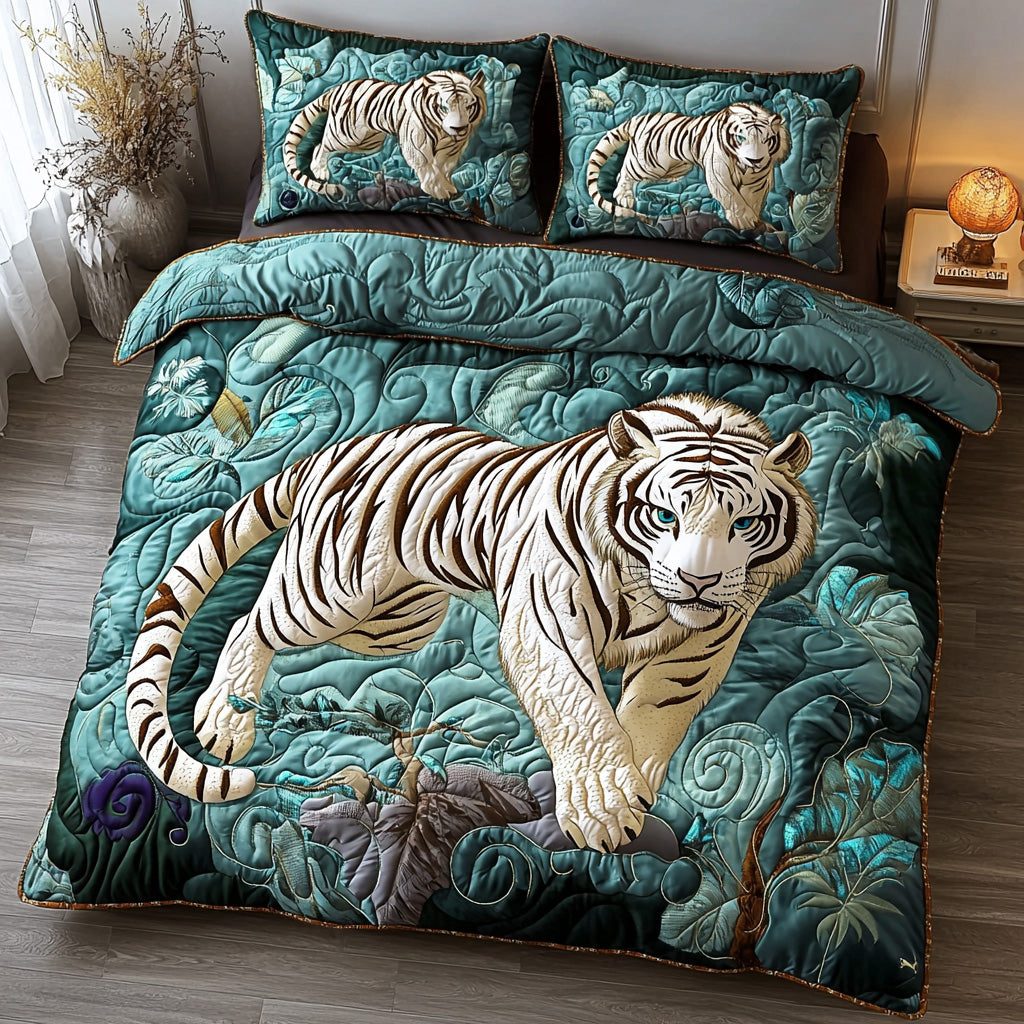 Tranquil White Tiger quilted 3-piece bedding set on a made bed with two matching pillow shams