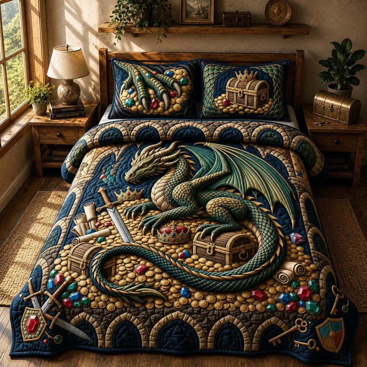 Treasure Keeper quilted 3-piece bedding set on a made bed with two matching pillow shams
