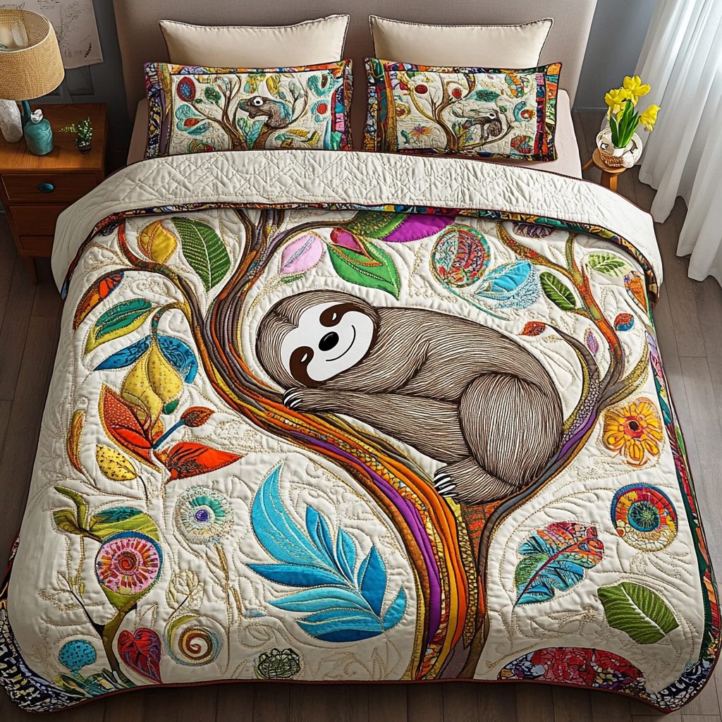 Tree Hugger Bliss quilted 3-piece bedding set on a made bed with two matching pillow shams