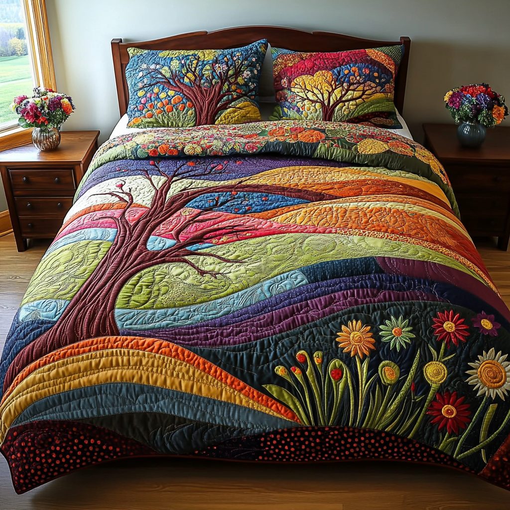 Tree of Dream quilted 3-piece bedding set on a made bed with two matching pillow shams