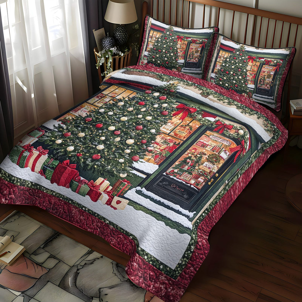 Tree of Joy quilted 3-piece bedding set on a made bed with two matching pillow shams