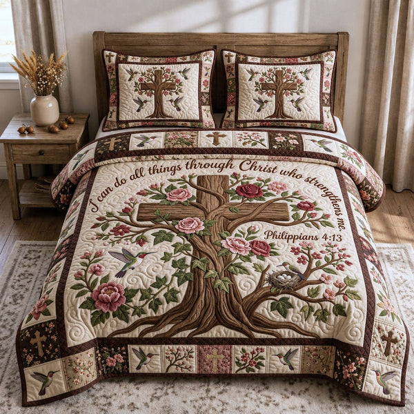 Tree Of Life Cross quilted 3-piece bedding set on a made bed in a softly lit bedroom