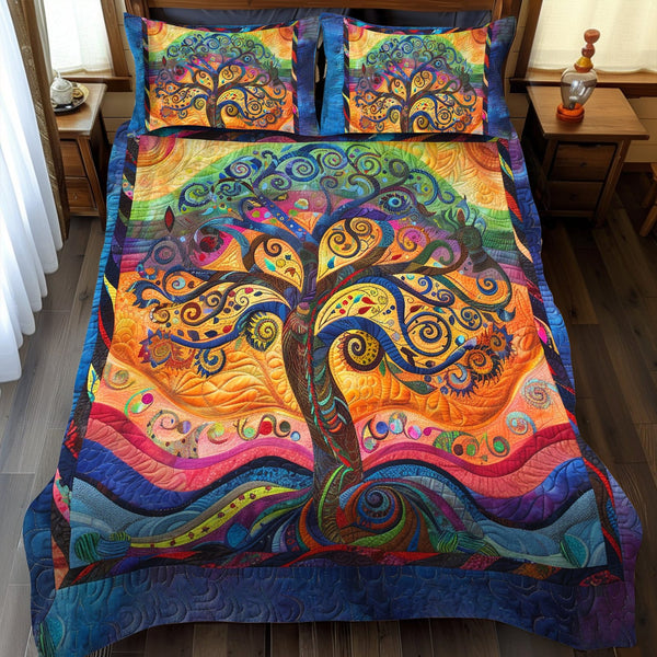 Tree of Life Patterned quilted 3-piece bedding set on a made bed with two matching pillow shams