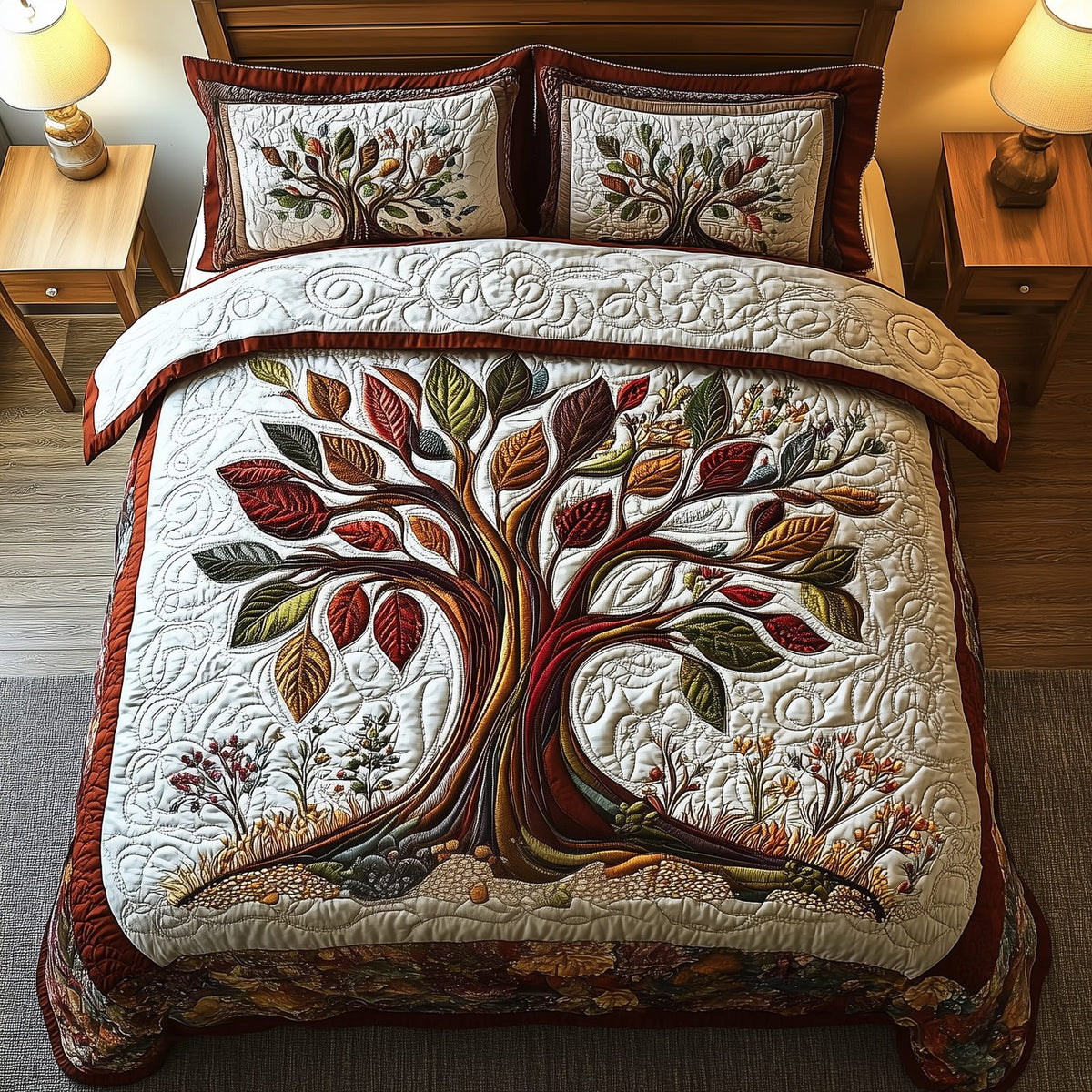 Tree Of Life quilted 3-piece bedding set on a made bed with two matching pillow shams
