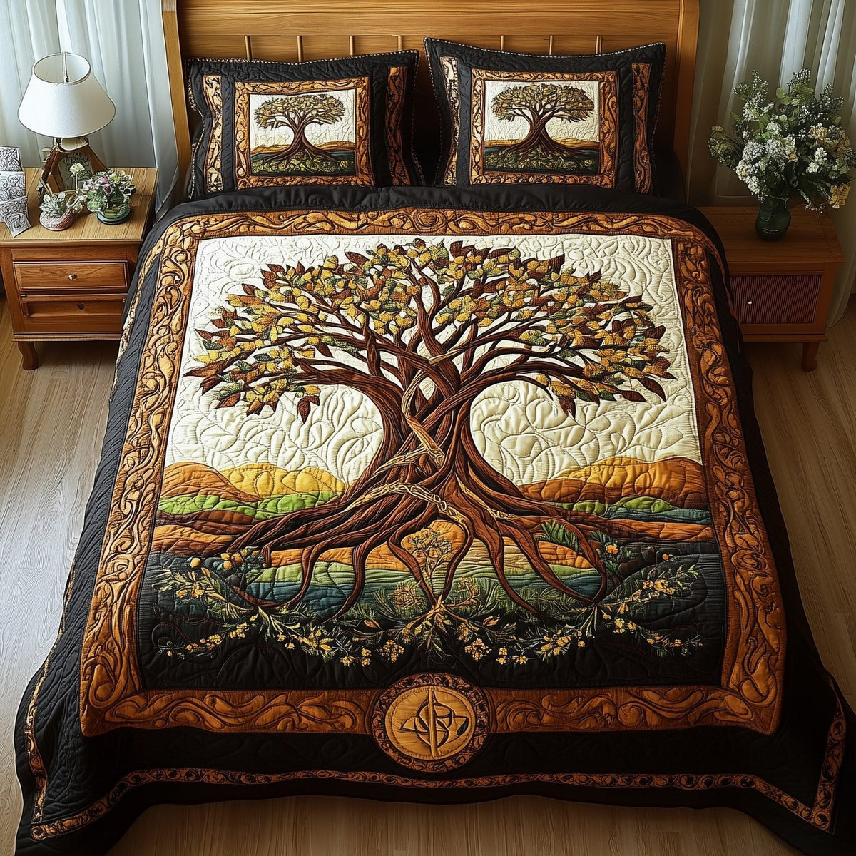 Tree Of Life quilted 3-piece bedding set on a made bed with two matching pillow shams