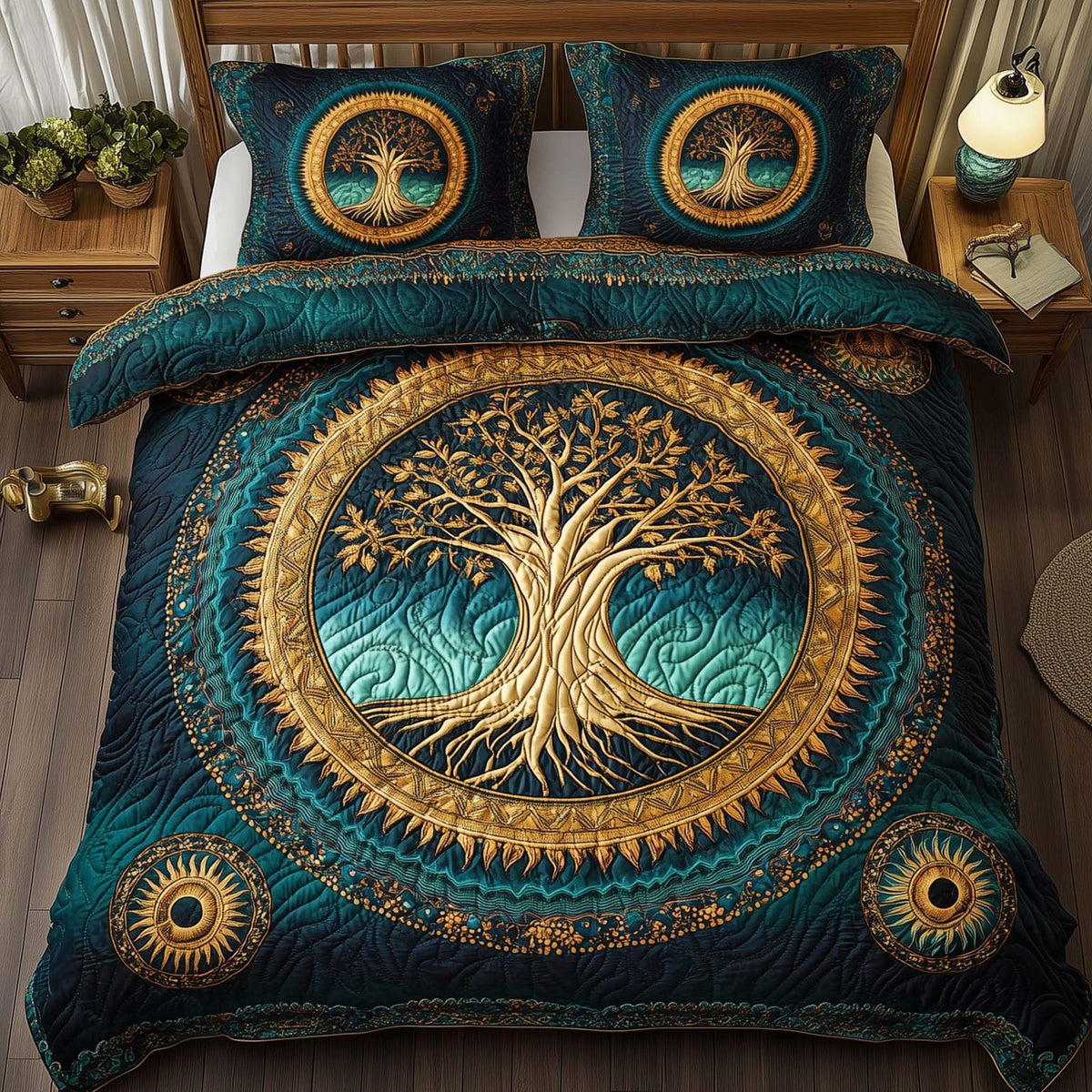 Tree Of Life quilted 3-piece bedding set on a made bed with two matching pillow shams