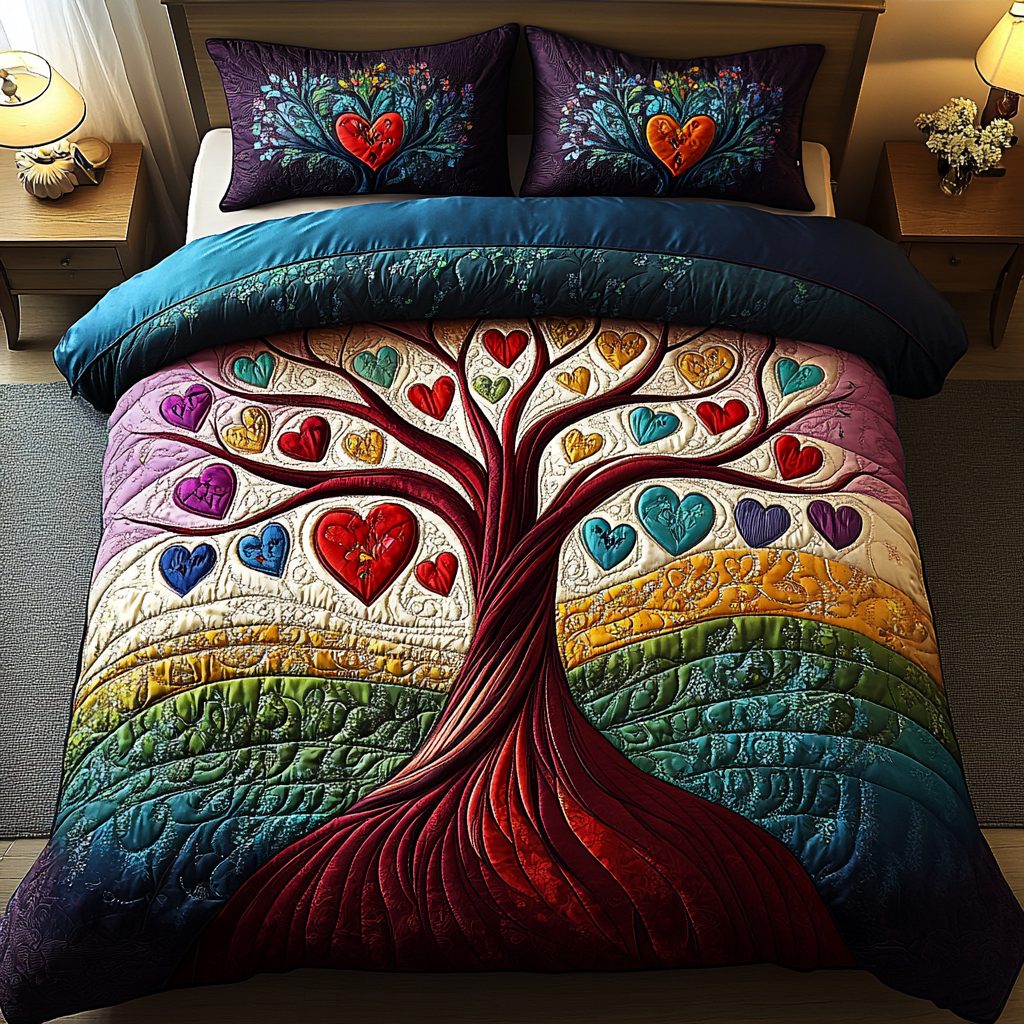 Tree of Love quilted 3-piece bedding set on a made bed with two matching pillow shams