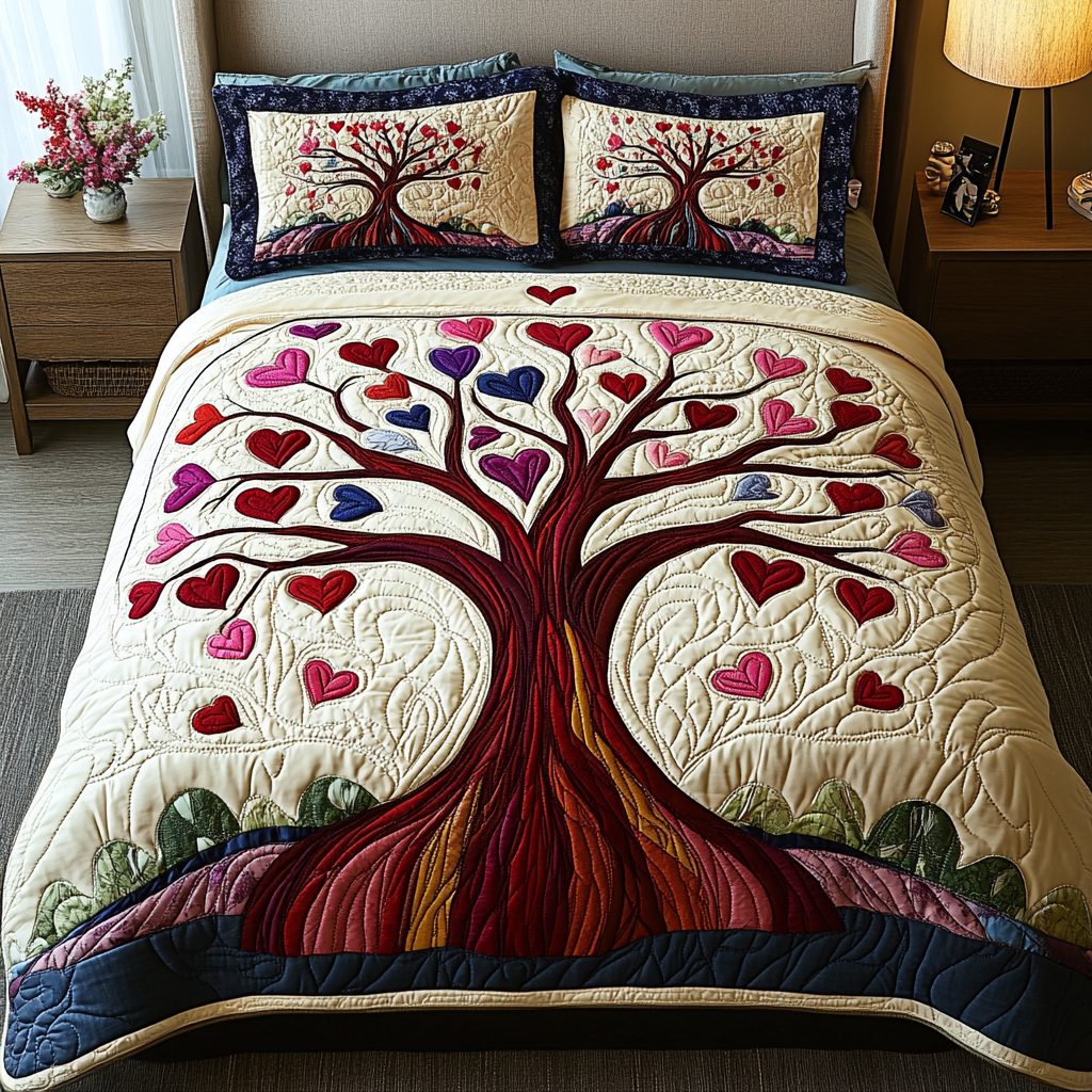 Tree of Love quilted 3-piece bedding set on a made bed with two matching pillow shams