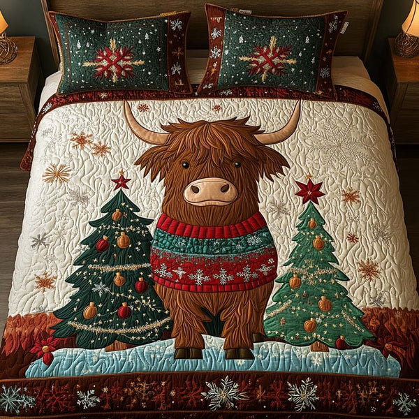 Tree Side Glow quilted 3-piece bedding set on a made bed with two matching pillow shams