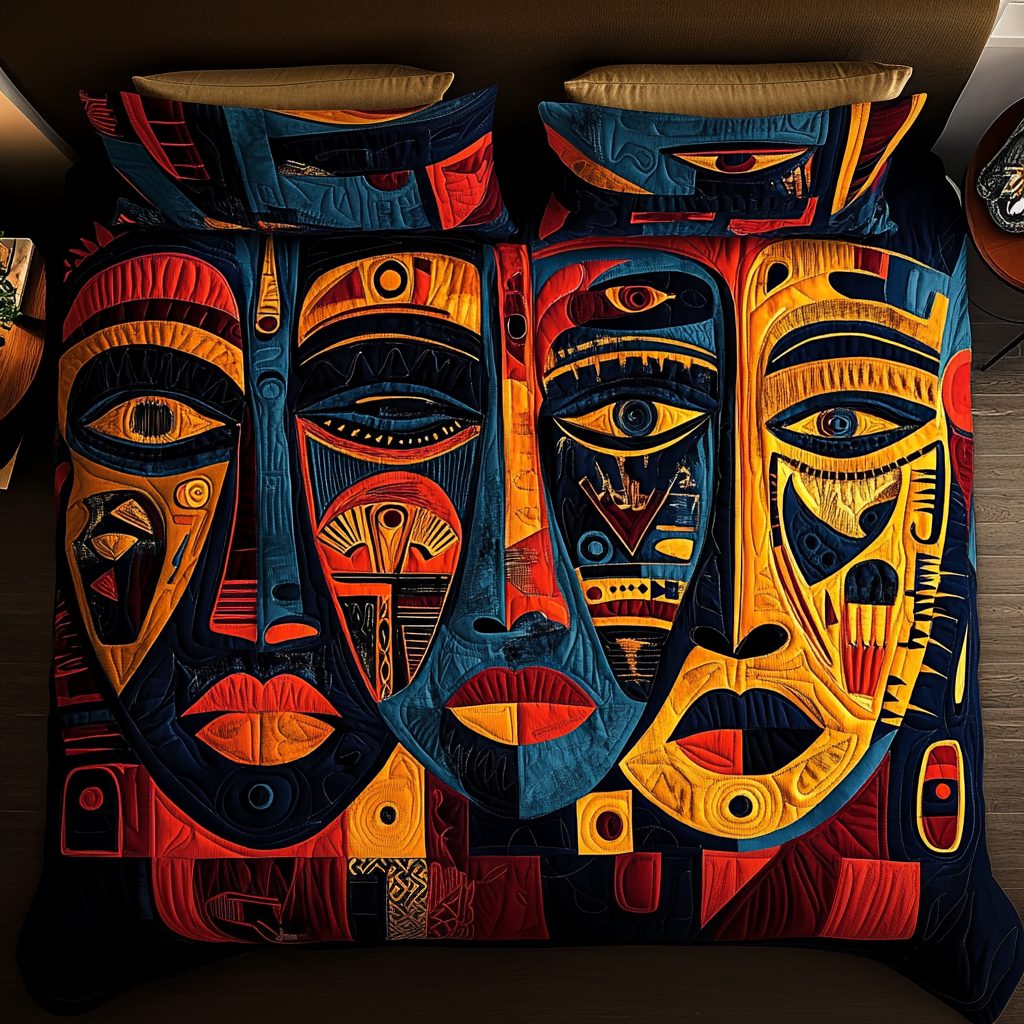 Tribal Dream quilted 3-piece bedding set on a made bed with two matching pillow shams
