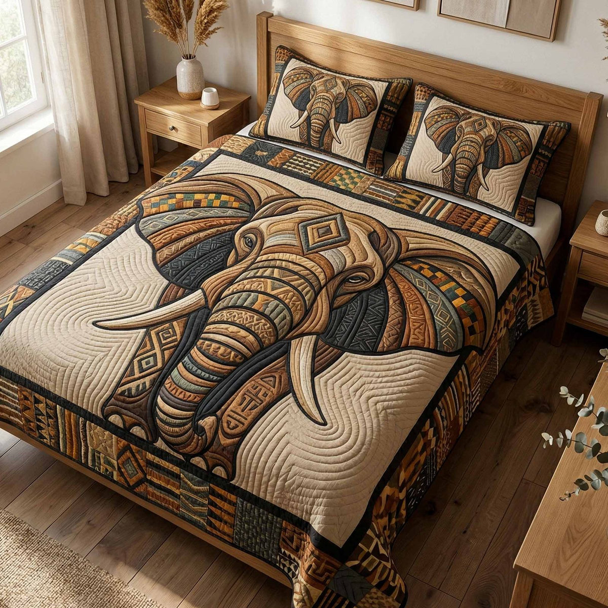 Tribal Elephant quilted 3-piece bedding set on a made bed with two matching pillow shams
