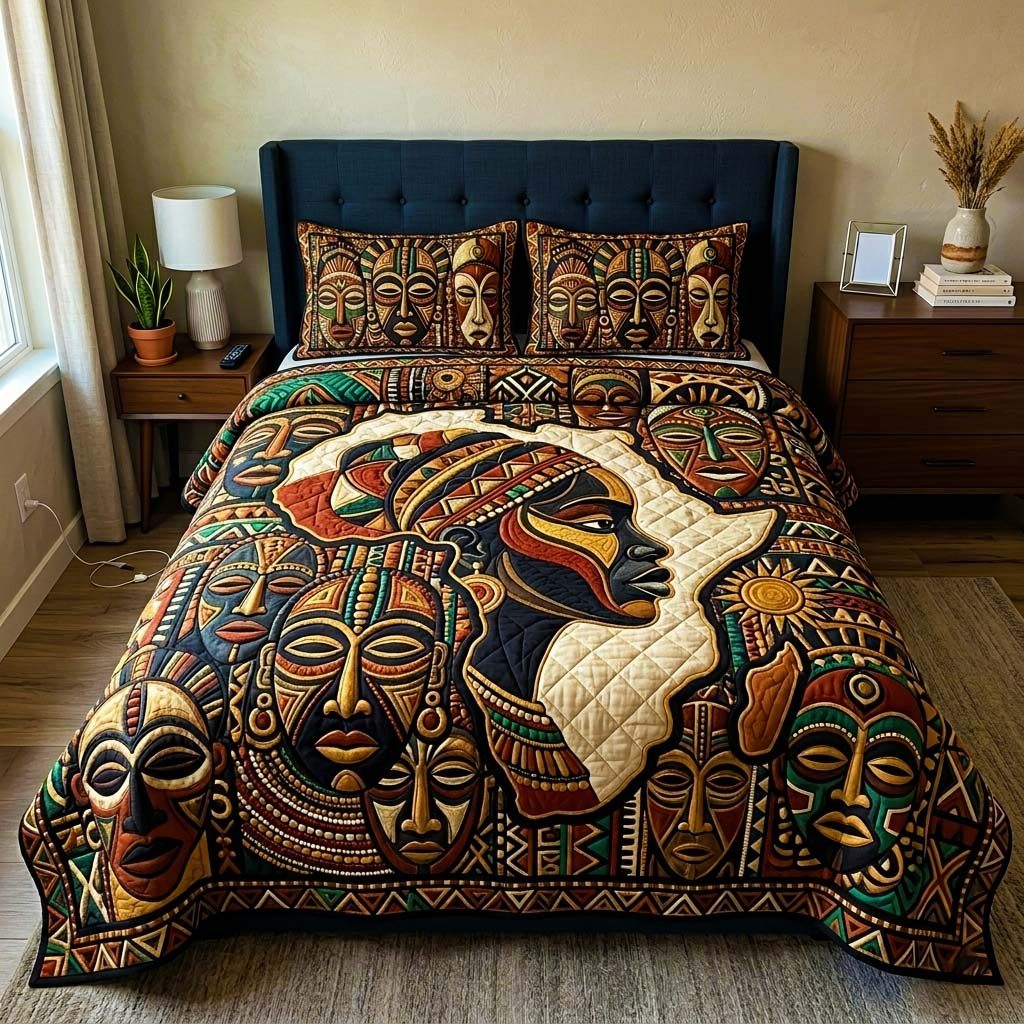 Tribal Essence quilted 3-piece bedding set on a made bed with two matching pillow shams