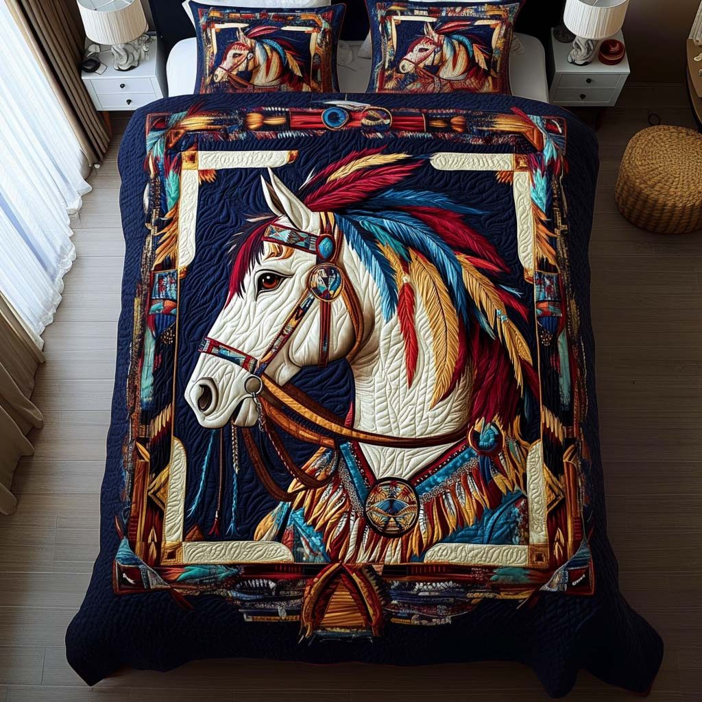 Tribal Flight quilted 3-piece bedding set on a made bed with two matching pillow shams