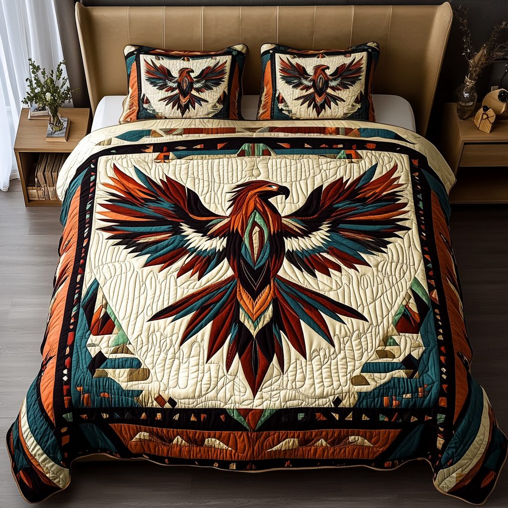 Tribal Flight quilted 3-piece bedding set on a made bed with two matching pillow shams
