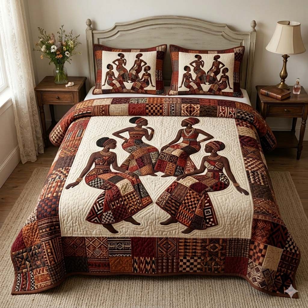 Tribal Grace quilted 3-piece bedding set on a made bed with two matching pillow shams