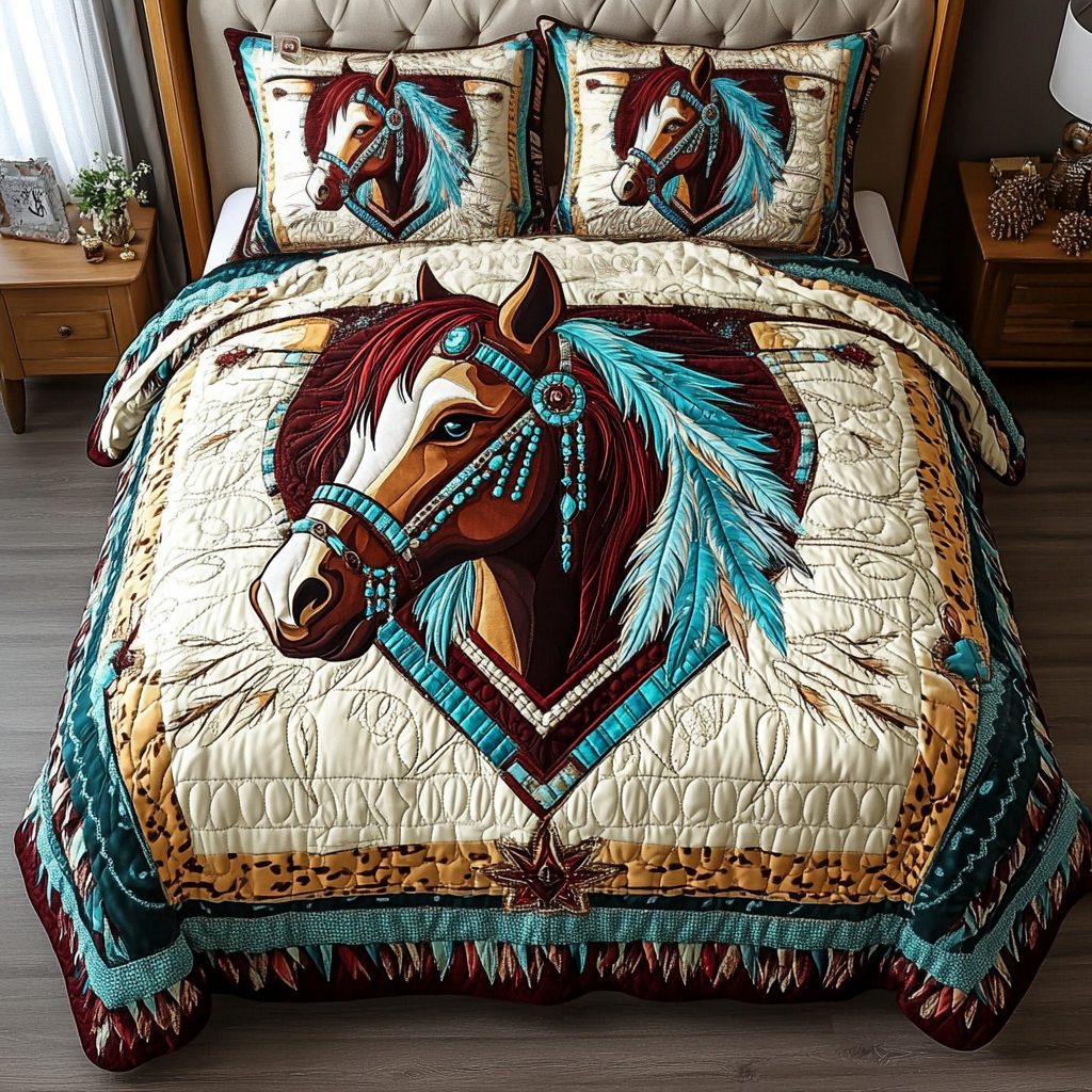 Tribal Grace quilted 3-piece bedding set on a made bed with two matching pillow shams