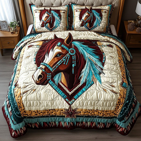Tribal Grace quilted 3-piece bedding set on a made bed with two matching pillow shams