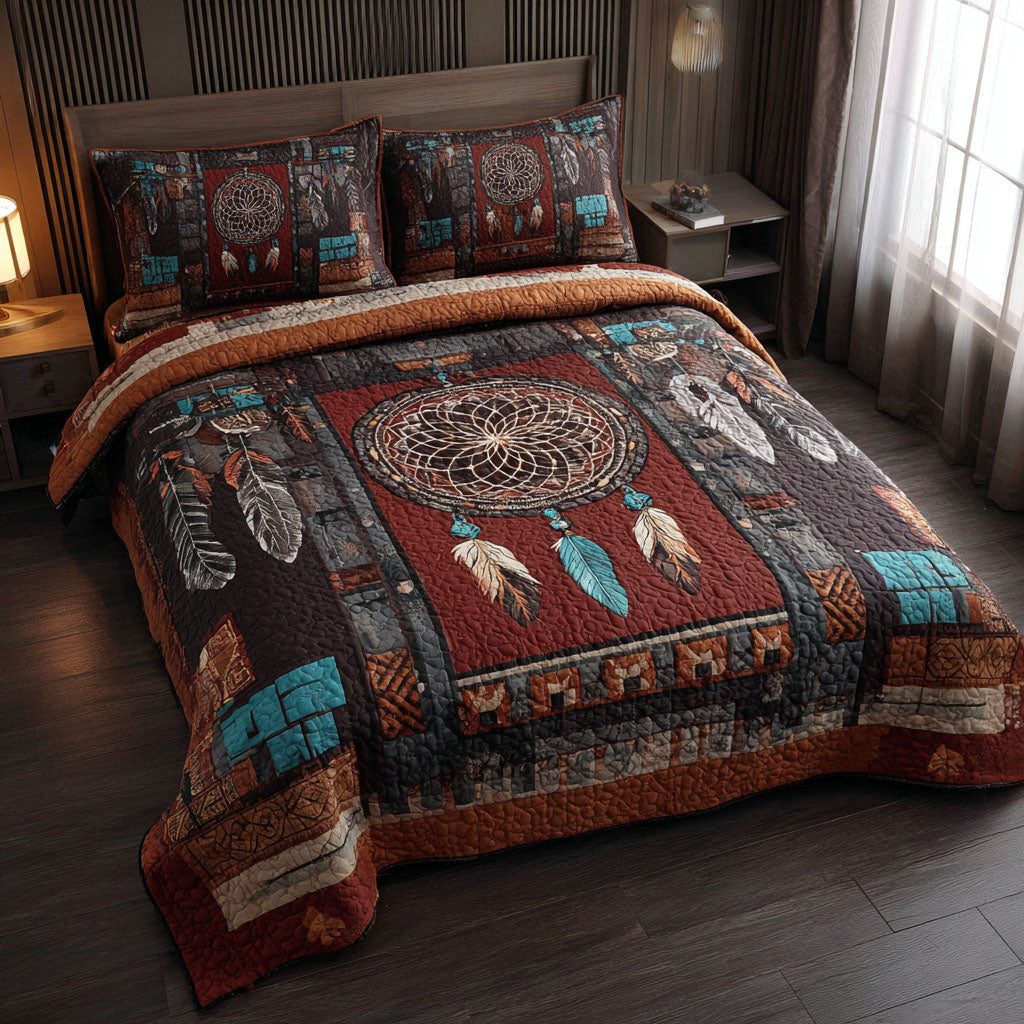 Tribal Harmony quilted 3-piece bedding set on a made bed with two matching pillow shams