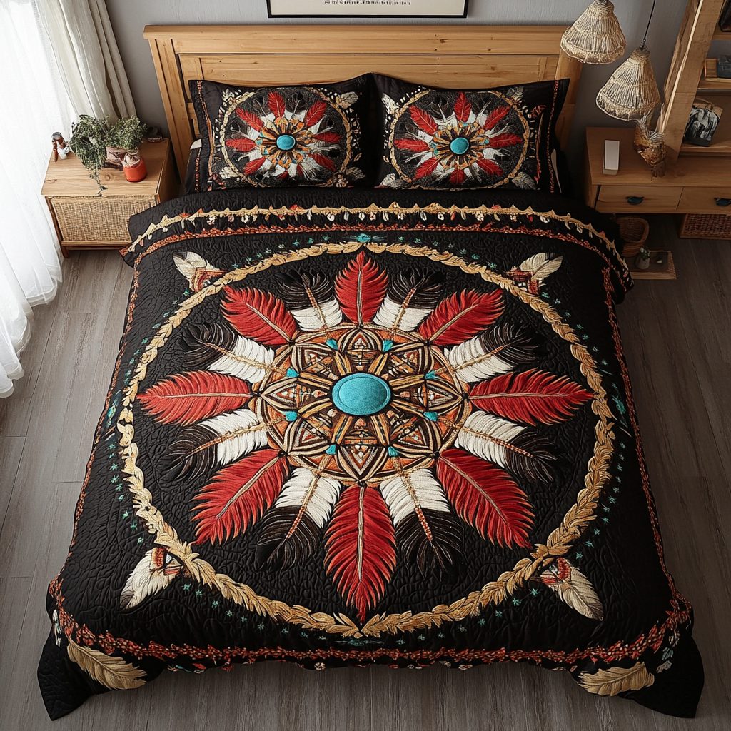 Tribal Harmony quilted 3-piece bedding set on a made bed with two matching pillow shams