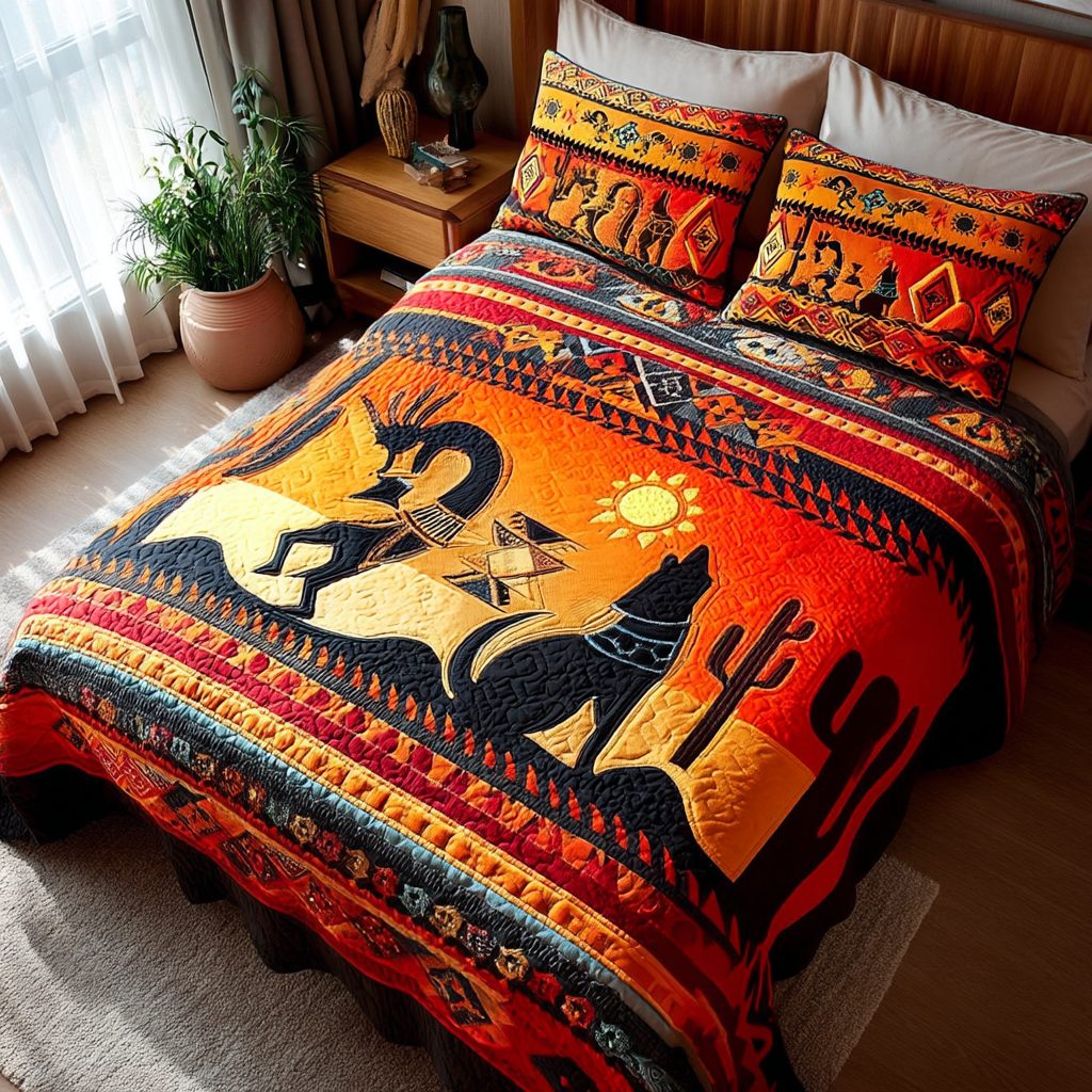 Tribal Harmony quilted 3-piece bedding set on a made bed with two matching pillow shams