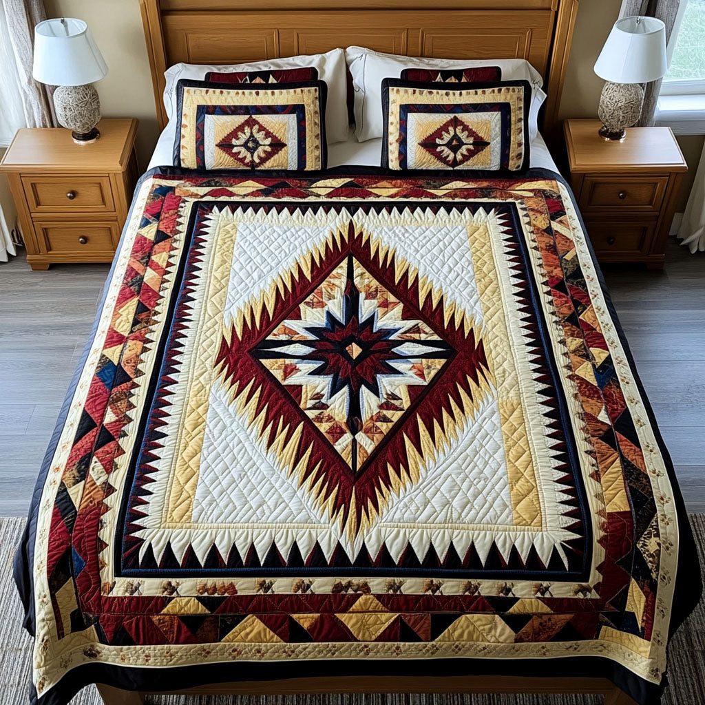 Tribal Harmony quilted 3-piece bedding set on a made bed with two matching pillow shams
