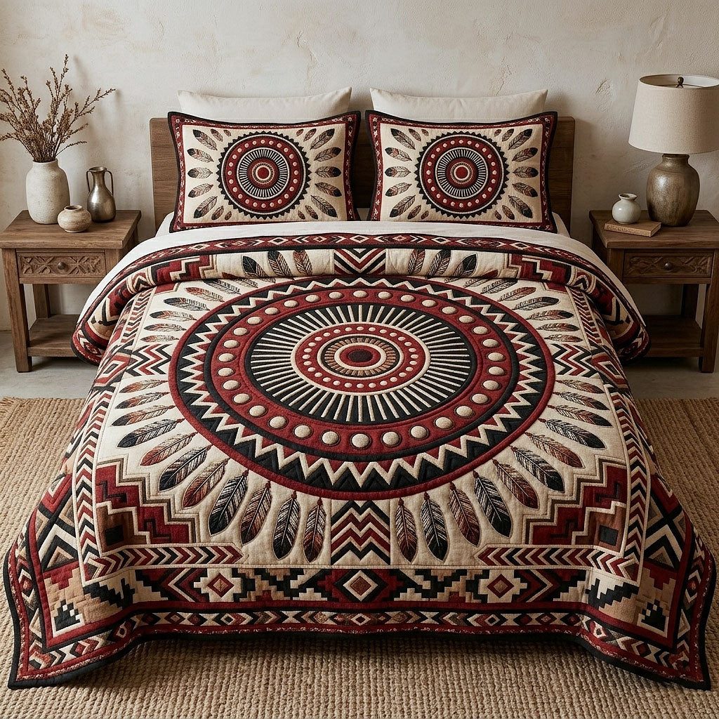 Tribal Heritage quilted 3-piece bedding set on a made bed in a farmhouse bedroom