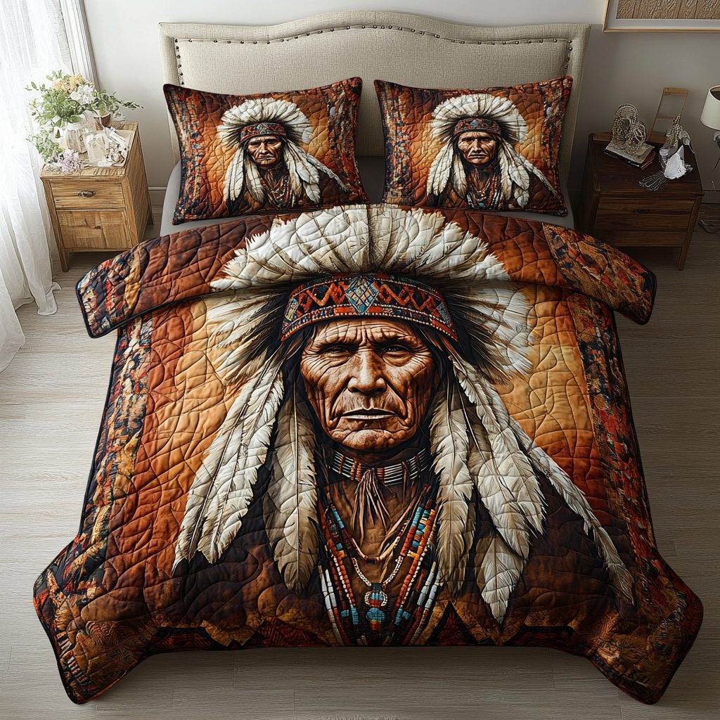 Tribal Honor Collection quilted 3-piece bedding set on a made bed in a warmly lit bedroom