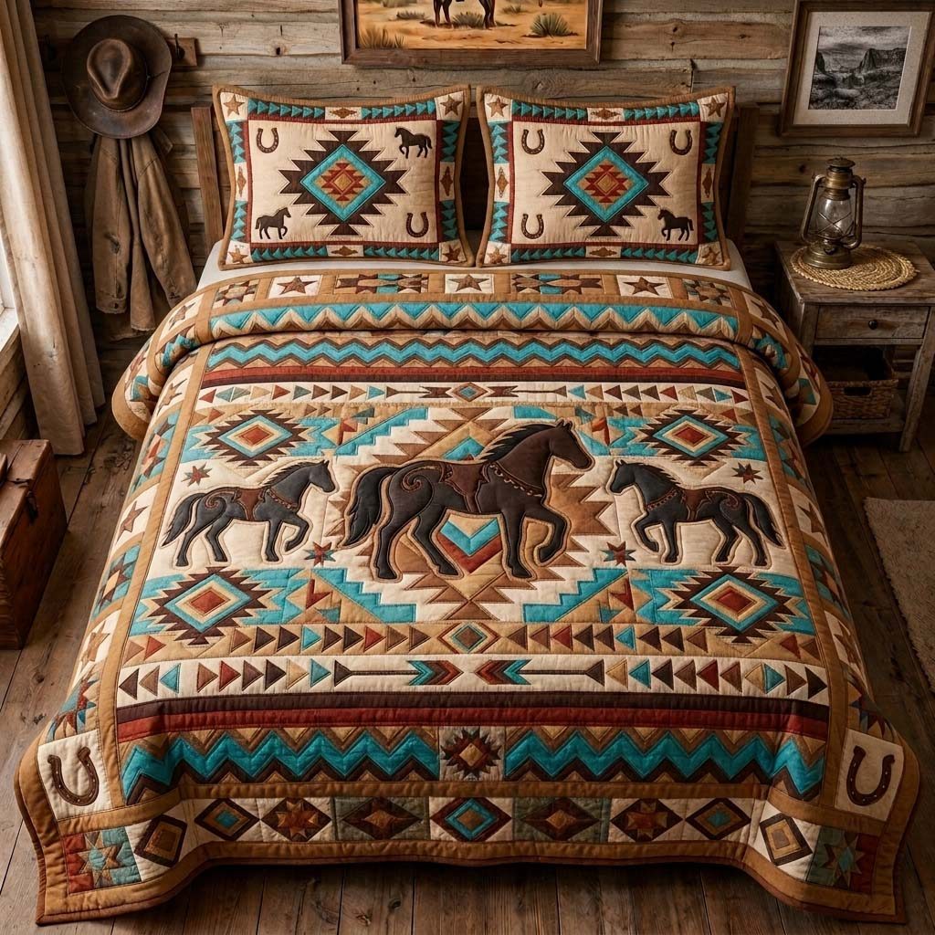 Tribal Horse Herd quilted 3-piece bedding set on a made bed in a rustic timber bedroom