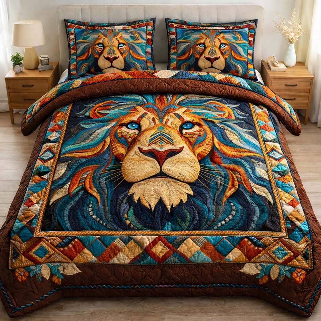 Tribal Lionheart quilted 3-piece bedding set on a made bed with two matching pillow shams