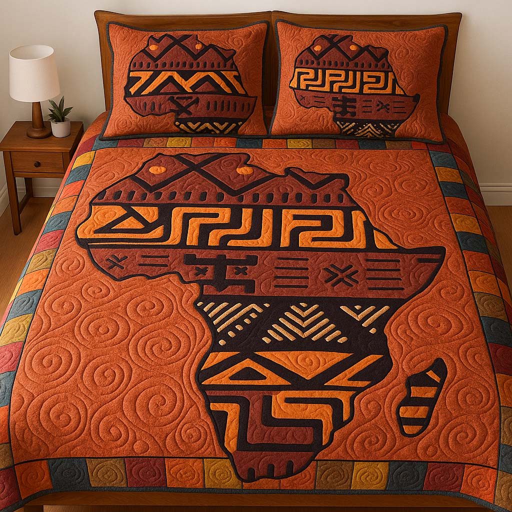 Tribal Maze quilted 3-piece bedding set on a made bed with two matching pillow shams