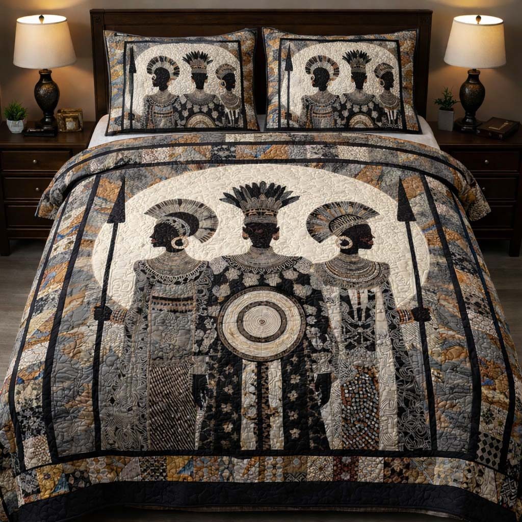 Tribal Moon Warriors quilted 3-piece bedding set on a made bed with two matching pillow shams