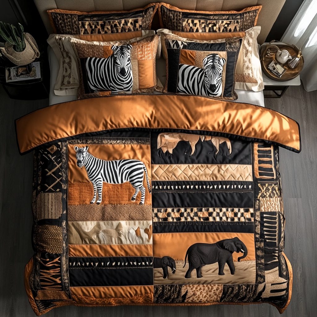 Tribal Pulse quilted 3-piece bedding set on a made bed with two matching pillow shams