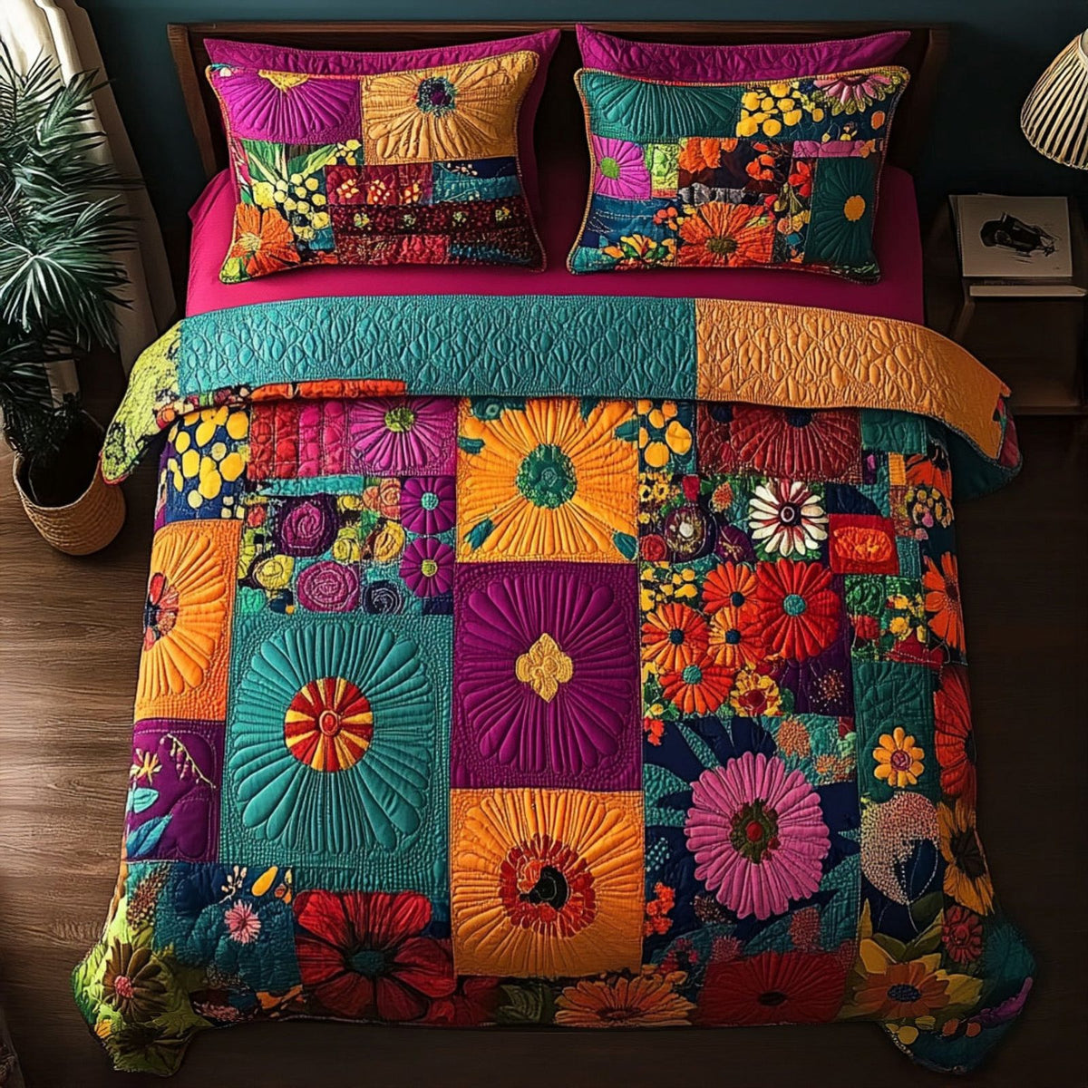 Tribal Radiance quilted 3-piece bedding set on a made bed with two matching pillow shams