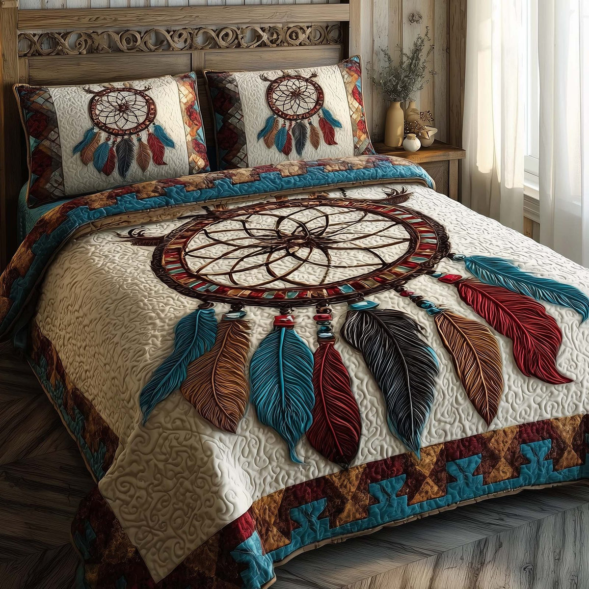 Tribal Reverie quilted 3-piece bedding set on a made bed with two matching pillow shams
