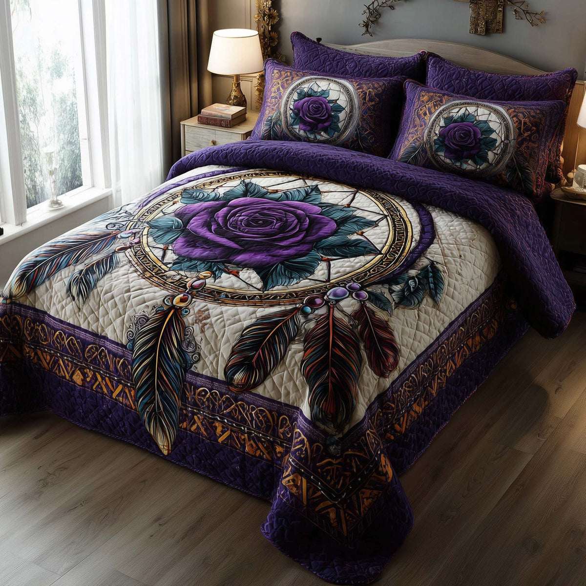 Tribal Reverie quilted 3-piece bedding set on a made bed with two matching pillow shams