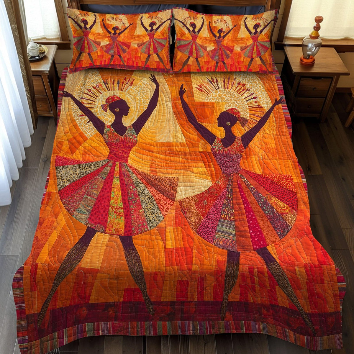 Tribal Rhythm quilted 3-piece bedding set on a made bed with two matching pillow shams